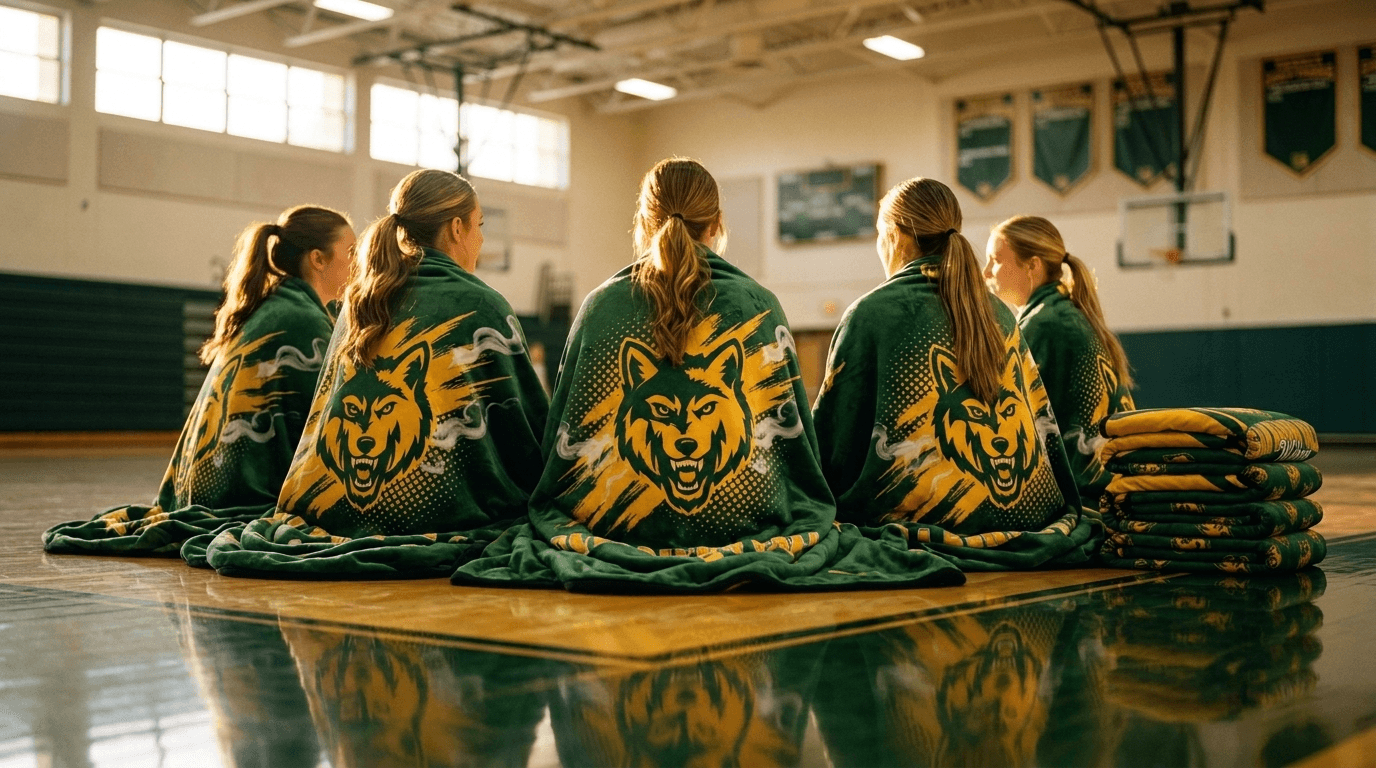 Cheer squad seated on the gym floor wrapped in matching green and gold wolf mascot blankets, with a folded stack beside them