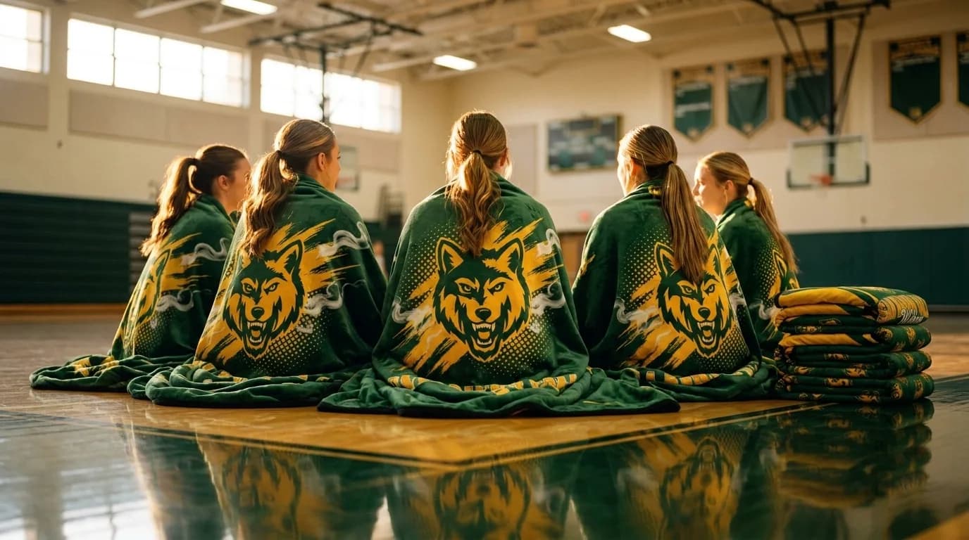 Cheer squad seated on the gym floor wrapped in matching green and gold wolf mascot blankets