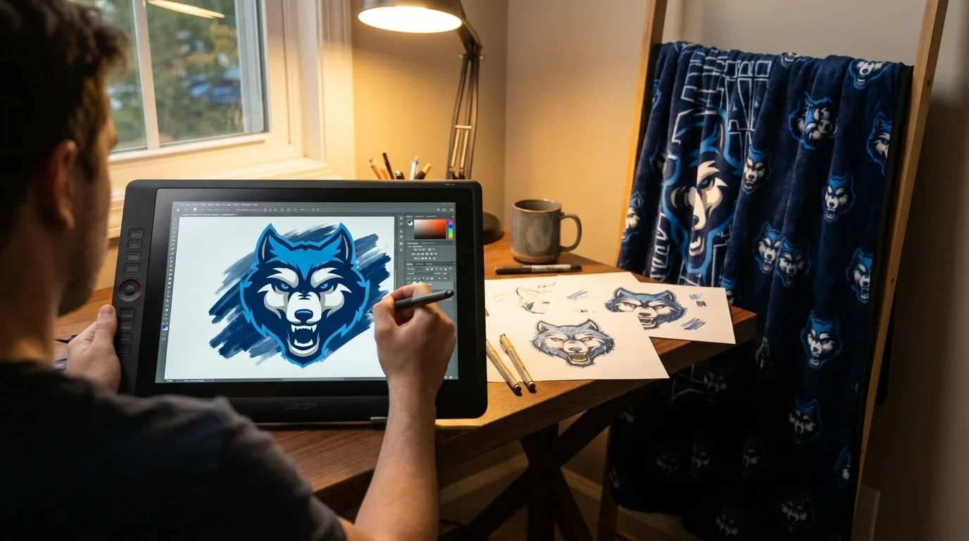 Our designer sketching a blue wolf mascot on a tablet beside the finished printed blanket
