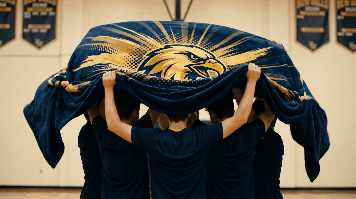 Teammates holding their custom navy and gold eagle mascot blanket overhead in the school gym
