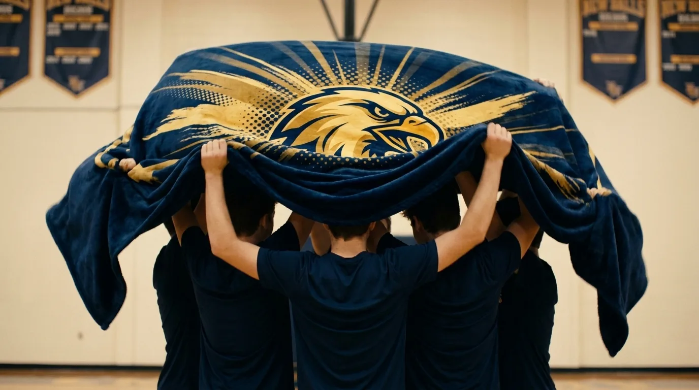 Teammates holding a navy and gold eagle mascot blanket overhead in their school gym