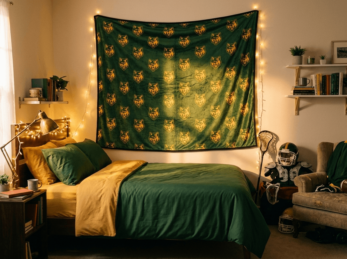Custom green and gold mascot blanket hung on a student's bedroom wall above the bed, framed by string lights