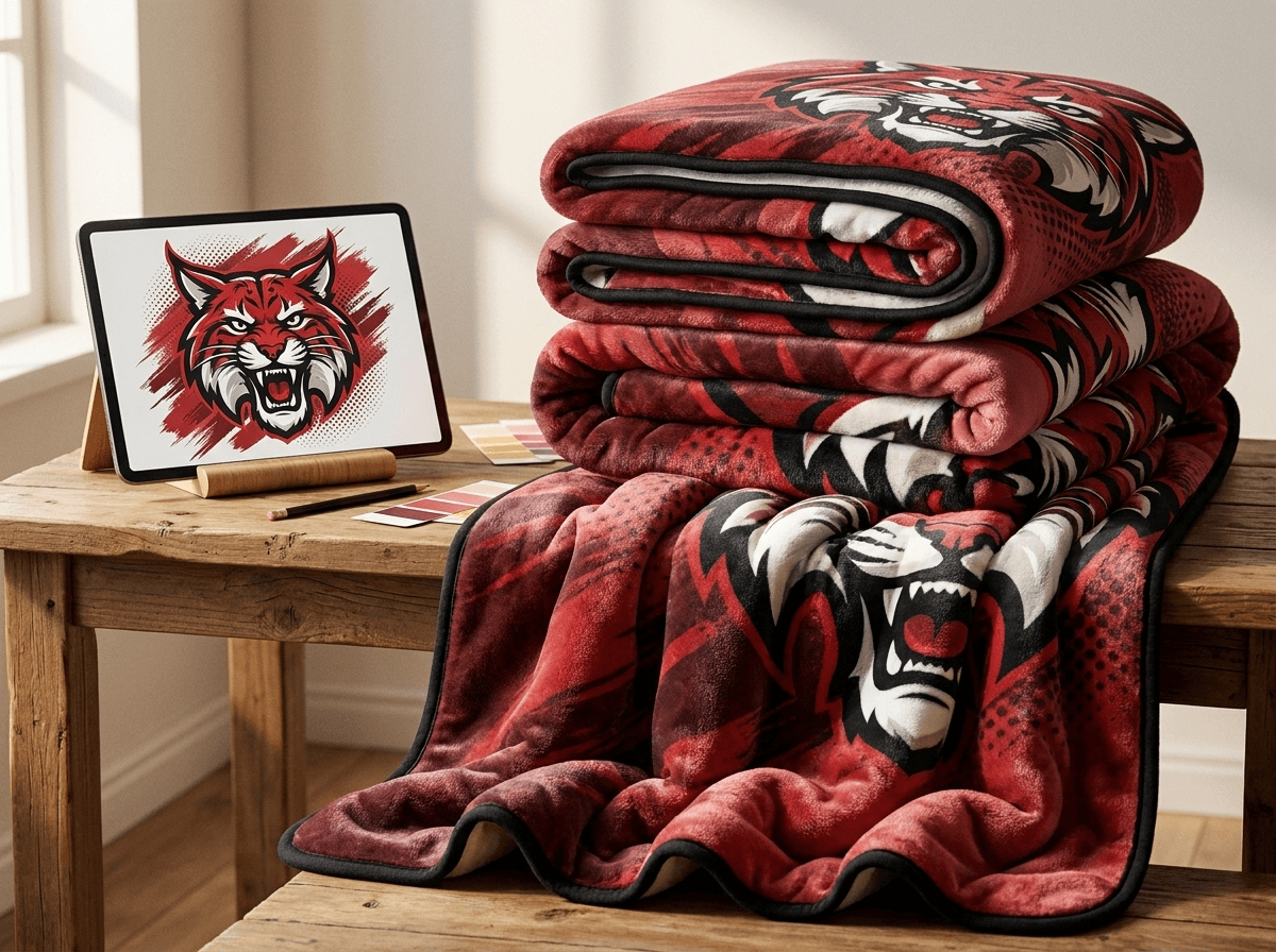 Tablet showing the original red wildcat mascot sketch beside the folded, finished printed blankets