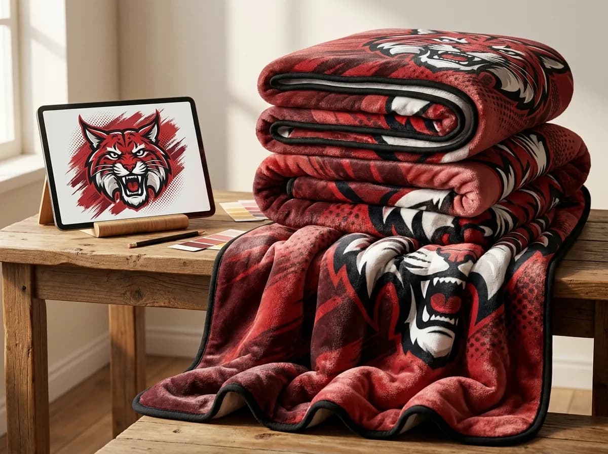 Tablet showing the original red wildcat mascot sketch beside the folded, finished printed blankets
