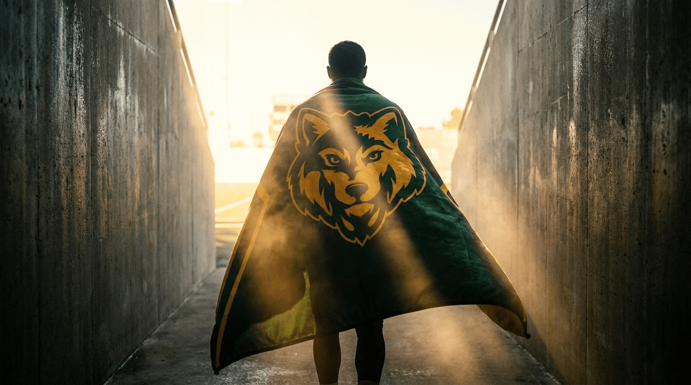 Athlete walking out of the stadium tunnel wearing his green and gold wolf mascot blanket as a cape