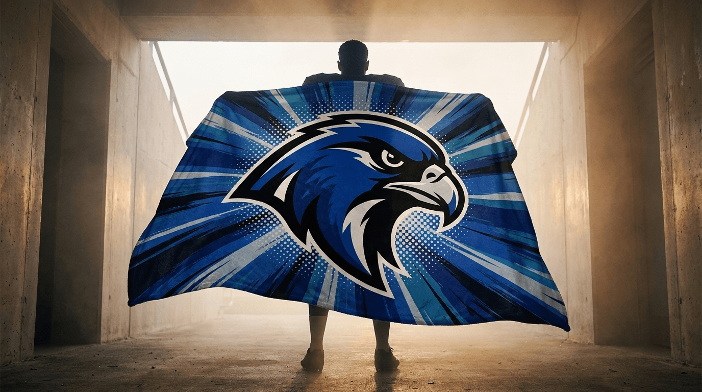 Player in a stadium tunnel holding a custom blue hawk mascot blanket spread open like wings